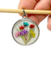 Real Flowers in Resin Pendant - Happy Flower Bouquet 💐 over 🤍 White Resin • Silver Frame