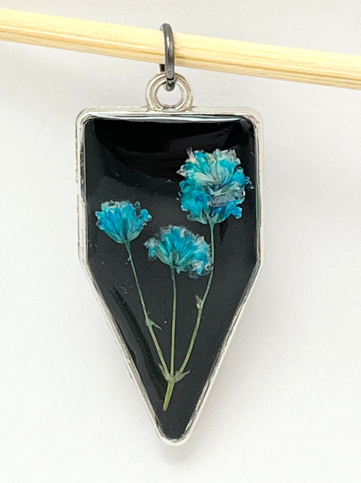 Real Flowers in Resin Pendant - 💙Flower over Black Resin • Silver Frame