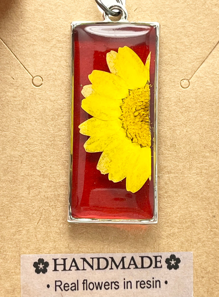 Real Flowers in Resin Pendant - Yellow Daisy 💛 over Translucent Red Resin ❤️ • Gold Frame