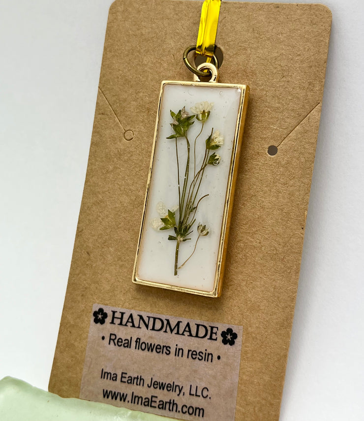 Real Flowers in Resin Pendant - Foliage with dainty flowers over White 🤍, Gold Frame