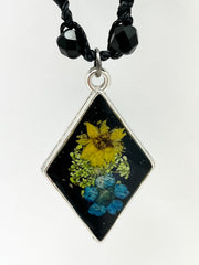 Real Flowers in Resin Necklace (short/choker) - Yellow • Blue • Green Flowers 💛💙💚 over Black 🖤 | Silver Frame