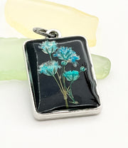 Real Flowers in Resin Pendant - 💙Flower over Black Resin • Silver Frame