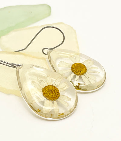 Real Flowers EARRINGS 💛 🤍 Echinacea over Clear • Silver frame