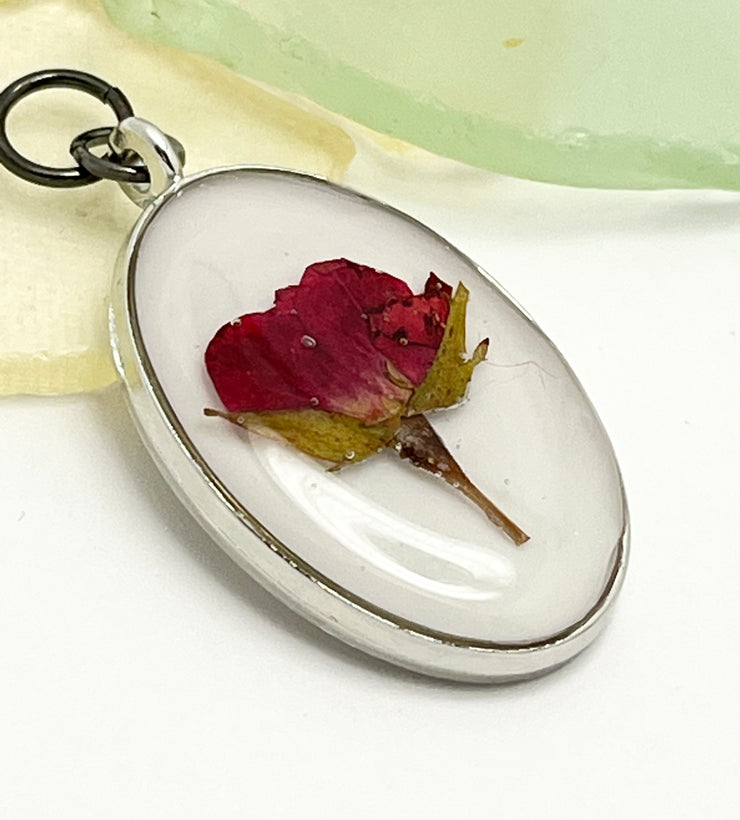 Real Flowers in Resin Pendant - Rose Bud ❤️ over 🤍 White Resin • Silver Frame