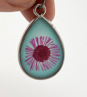 Real Flowers in Resin Pendant - 🌸+ Turquoise Background with With Silver Frame