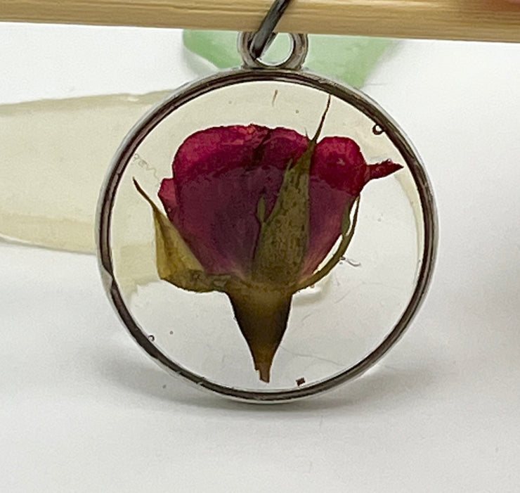 Real Flowers in Resin Pendant - Rose Bud in Clear Resin • Silver Frame