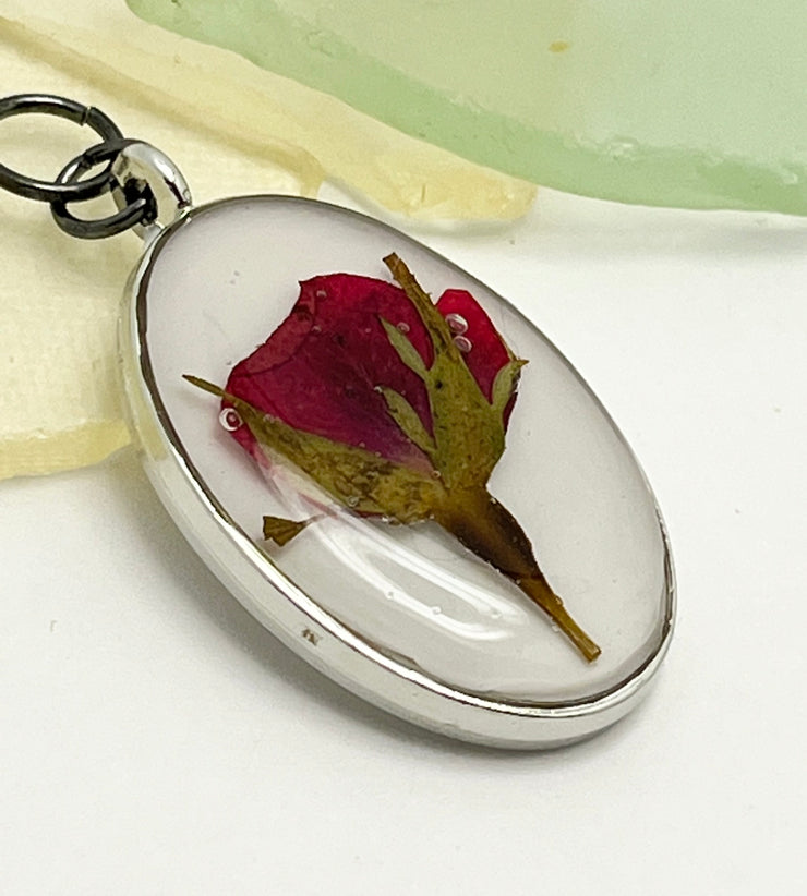 Real Flowers in Resin Pendant - Rose Bud ❤️ over 🤍 White Resin • Silver Frame