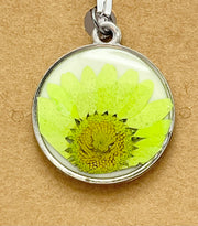 Real Flowers in Resin Pendant - Lime colored flower 💚over White 🤍, Silver Frame