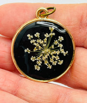 Real Flowers in Resin Pendant - White flower 🤍 over Black 🖤, Gold Frame