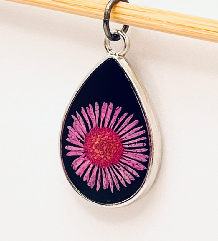 Real Flowers in Resin Pendant - 💕Pink Flower over Black Resin • Silver Frame