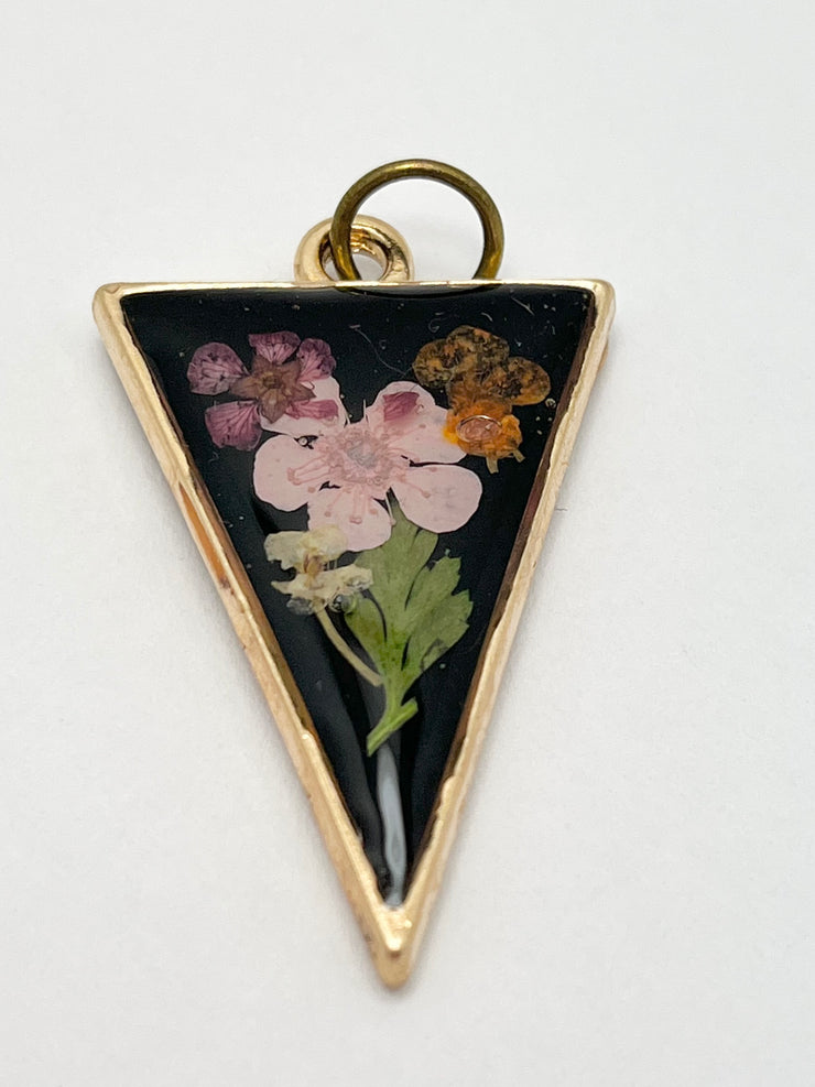 Real Flowers in Resin Pendant - Delicate Bouquet 💐 over Black 🖤, Gold Frame