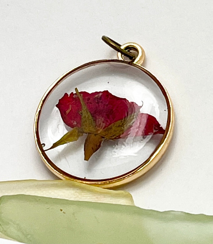 Real Flowers in Resin Pendant - Rose Bud in Clear Resin • Gold Frame