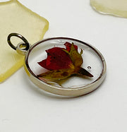 Real Flowers in Resin Pendant - Rose Bud in Clear Resin • Silver Frame