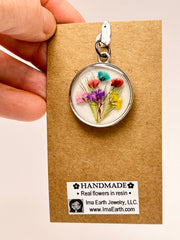 Real Flowers in Resin Pendant - Happy Flower Bouquet 💐 over 🤍 White Resin • Silver Frame