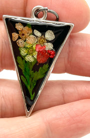 Real Flowers in Resin Pendant - Delicate Bouquet 💐 over Black 🖤, Silver Frame