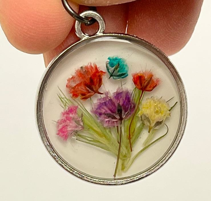 Real Flowers in Resin Pendant - Happy Flower Bouquet 💐 over 🤍 White Resin • Silver Frame