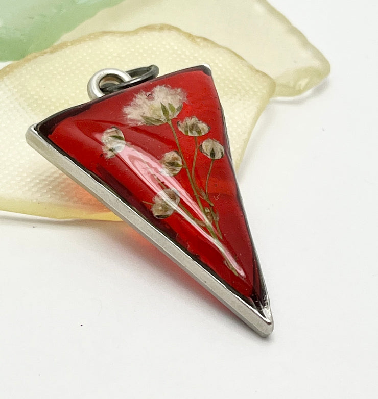 Real Flowers in Resin Pendant - White Flowers 🤍 Translucent Red Resin ❤️• Silver Frame