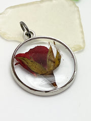 Real Flowers in Resin Pendant - Rose Bud in Clear Resin • Silver Frame