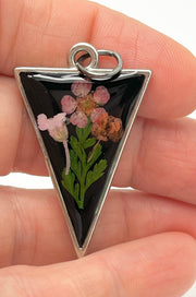 Real Flowers in Resin Pendant - Delicate Bouquet 💐 over Black 🖤, Silver Frame