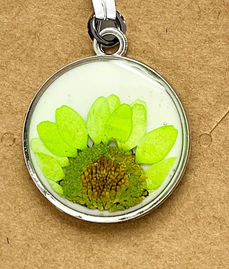 Real Flowers in Resin Pendant - Lime colored flower 💚over White 🤍, Silver Frame