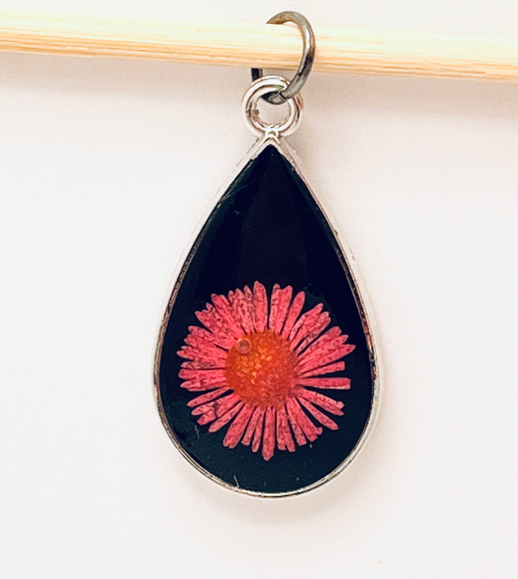 Real Flowers in Resin Pendant - ❤️Red Flower over Black Resin • Silver Frame