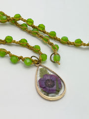 Real Flowers in Resin Necklace (short/choker) - Purple over Clear 💜 with Moss Green | Gold Frame