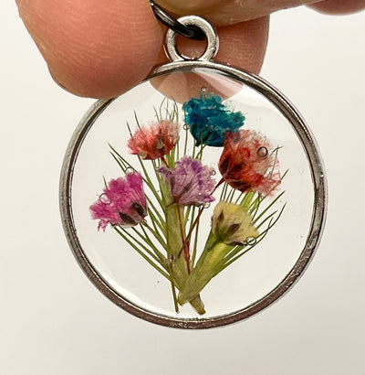 Real Flowers in Resin Pendant - Happy Flower Bouquet 💐 over Clear Resin • Silver Frame