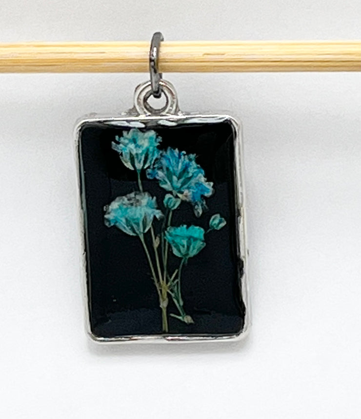 Real Flowers in Resin Pendant - 💙Flower over Black Resin • Silver Frame