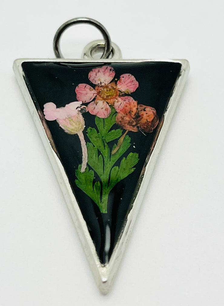 Real Flowers in Resin Pendant - Delicate Bouquet 💐 over Black 🖤, Silver Frame