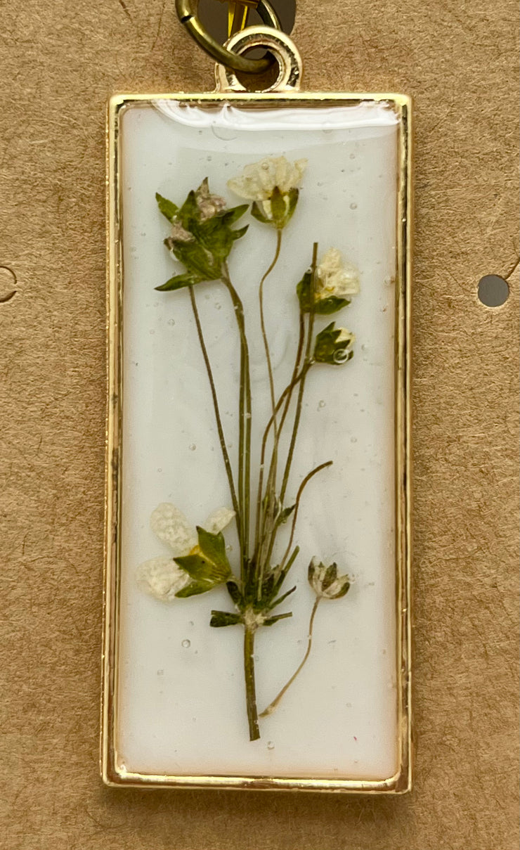 Real Flowers in Resin Pendant - Foliage with dainty flowers over White 🤍, Gold Frame