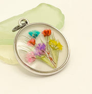 Real Flowers in Resin Pendant - Happy Flower Bouquet 💐 over Clear Resin • Silver Frame