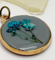 Real Flowers in Resin Pendant -Blue/Turquoise Flowers over Grey Resin, Gold Frame
