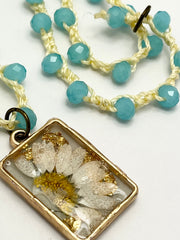 Real Flowers in Resin Necklace (short/choker) - Cream and Light Blue | Gold Frame