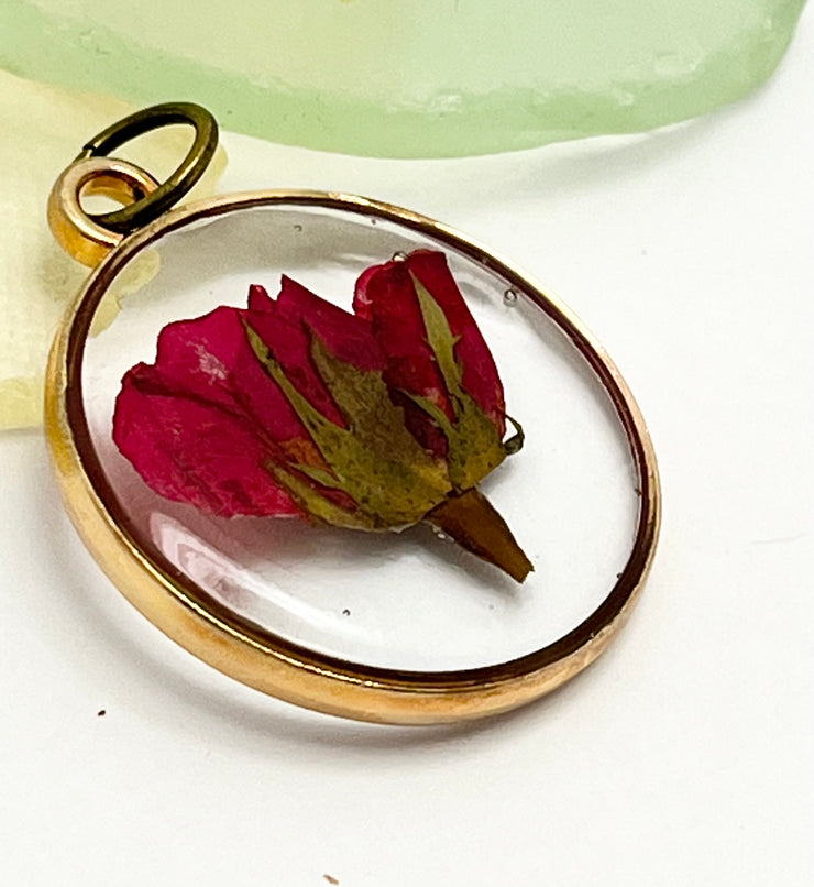 Real Flowers in Resin Pendant - Rose Bud in Clear Resin • Gold Frame