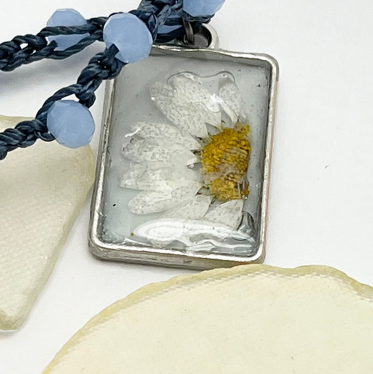 Real Flowers in Resin Necklace (short/choker) - Denim, Sky Blue and White | Silver Frame