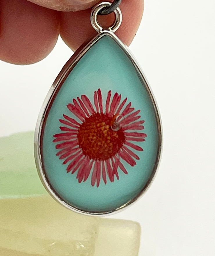 Real Flowers in Resin Pendant - ❤️+ Turquoise Background with With Silver Frame