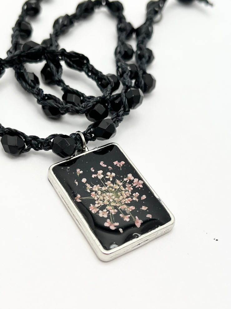 Real Flowers in Resin Necklace (short/choker) - Mauve Pink 🌸 Black 🖤 | Silver Frame