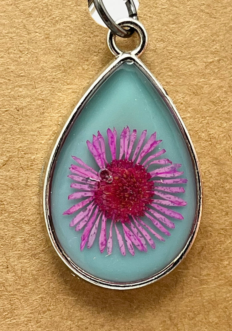 Real Flowers in Resin Pendant - 🌸+ Turquoise Background with With Silver Frame