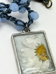 Real Flowers in Resin Necklace (short/choker) - Denim, Sky Blue and White | Silver Frame