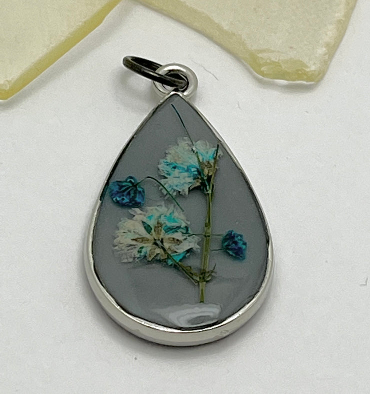 Real Flowers in Resin Pendant - Blue/Turquoise Resin over Grey Resin • Silver Frame