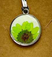 Real Flowers in Resin Pendant - Lime colored flower 💚over White 🤍, Silver Frame