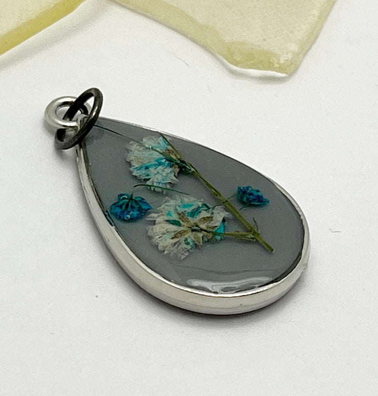 Real Flowers in Resin Pendant - Blue/Turquoise Resin over Grey Resin • Silver Frame