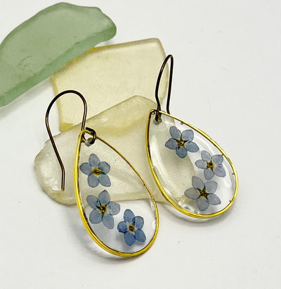 Real Flowers EARRINGS 💜 Forget-me-nots over Clear • Gold frame