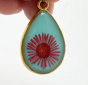 Real Flowers in Resin Pendant - ❤️+ Turquoise Background with With Gold Frame