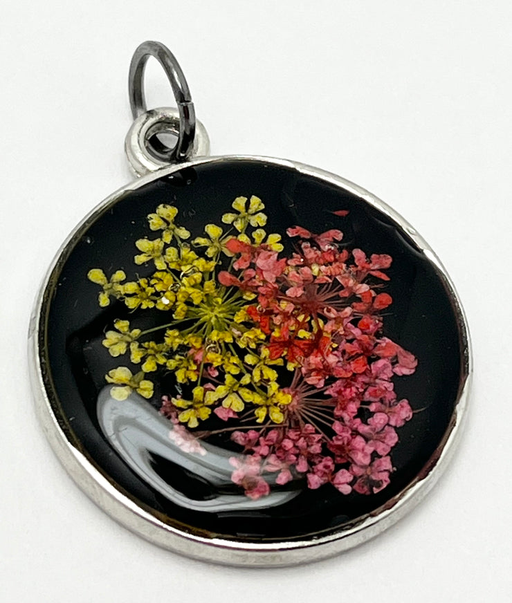 Real Flowers in Resin Pendant - Red, Yellow, Pink flowers 🌺🌸💛over Black 🖤, Silver Frame