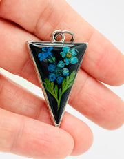 Real Flowers in Resin Pendant - Delicate Bouquet 💐 over Black 🖤, Silver Frame