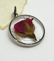 Real Flowers in Resin Pendant - Rose Bud in Clear Resin • Silver Frame