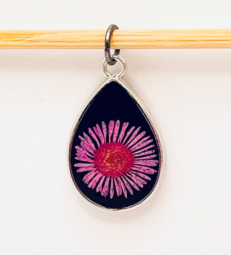 Real Flowers in Resin Pendant - 💕Pink Flower over Black Resin • Silver Frame