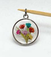 Real Flowers in Resin Pendant - Happy Flower Bouquet 💐 over Clear Resin • Silver Frame