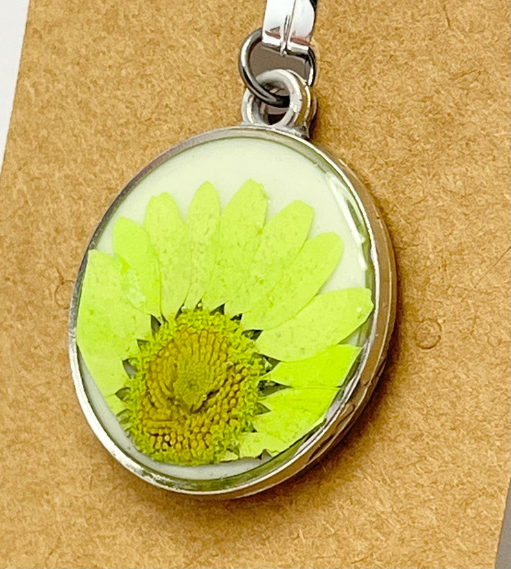 Real Flowers in Resin Pendant - Lime colored flower 💚over White 🤍, Silver Frame